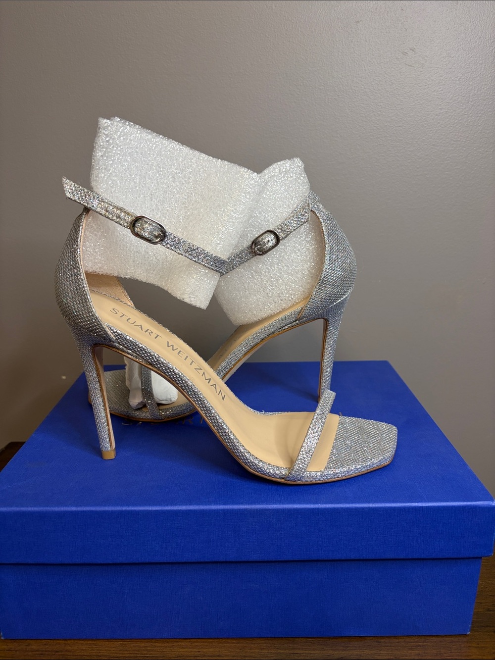 Stuart Weitzman Nudist Curve Silver Glitter Ankle-Strap Stiletto Sandals NIB